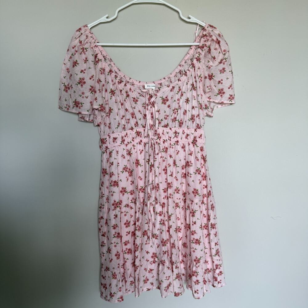 Blu Pepper Dress Women Medium Pink Tie Front Cottagecore Floral Mini Tiered Boho - Picture 2 of 9
